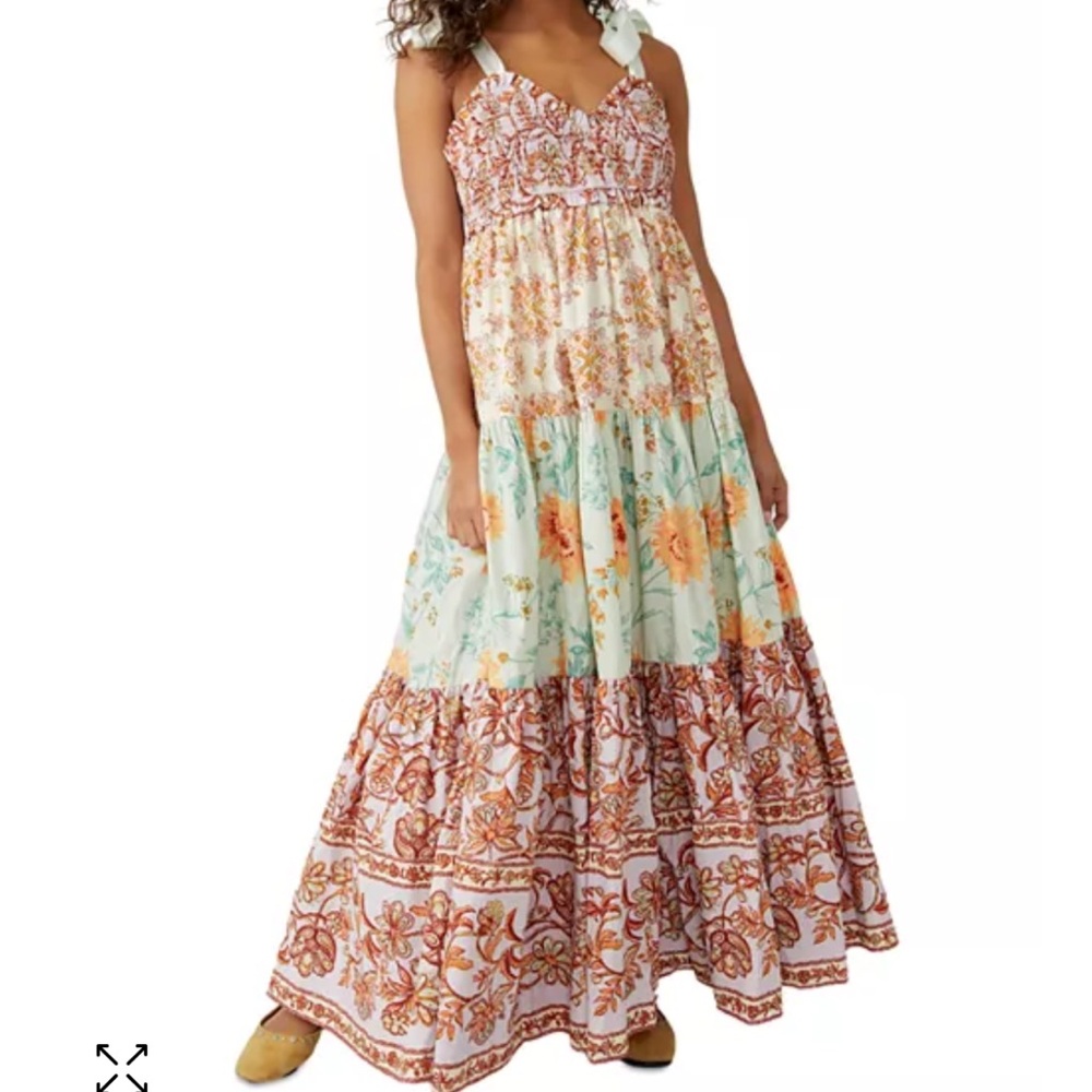 Free People Floral Patchwork Maxi Dress in Cream, Orange, and Aqua